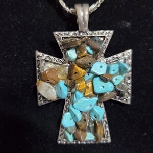 Silver Tone Statement Cross Pendant with Turquoise and Brown Stones. Aprox 2"x3"